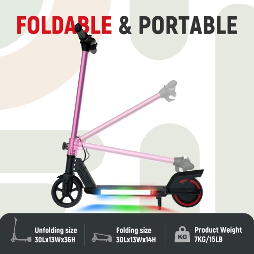 Trottinette électrique pliable rose de 6,5&nbsp;po pour enfants de BIIST avec phares LED, phares avant et pédale lumineuse multicolore, cadre en