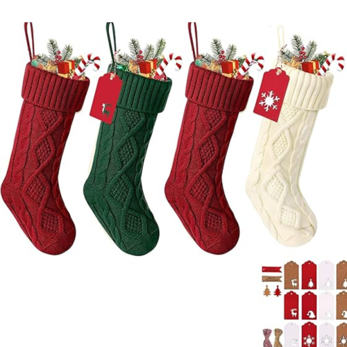 MEHIAZ  18 Inches Large Christmas Stockings- 6PCs Burgundy Red, White Ivory - Stretchable Knitted Xmas Stockings \w 50PCs Personalizeable Gift Tags