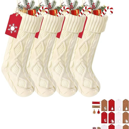 MEHIAZ  18 Inches Large Christmas Stockings- 6PCs Burgundy Red, White Ivory - Stretchable Knitted Xmas Stockings w 50PCs Personalizeable Gift Tags