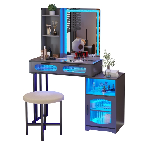 Vlsrka Vanity Desk with Mirror and Lights, Small Makeup Vanity with Voice Activation & Wireless Charging, Dressing Table with Lighting Mirror for