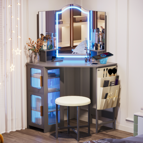 Coiffeuse Vlsrka avec miroir et lampes, coiffeuse à maquillage avec station de recharge, table à langer avec 3 options d'éclairage, ensemble