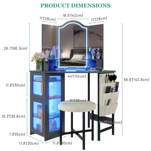 Coiffeuse Vlsrka avec miroir et lampes, coiffeuse à maquillage avec station de recharge, table à langer avec 3 options d'éclairage, ensemble
