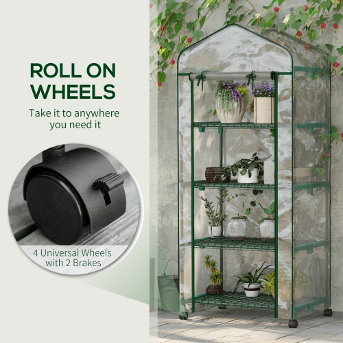 Serre portative Outsunny, 27 x 20 x 65&nbsp;po, tablettes et roulettes à 4 niveaux, serre à fleurs extérieur, cadre en acier, couvercle en plastique,