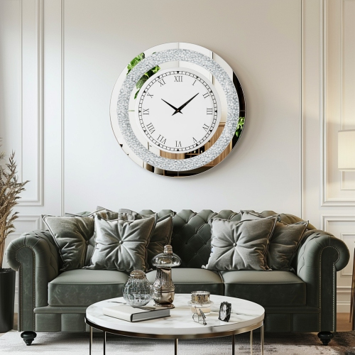 24 Inch Modern Luxury Crystal Diamond Mirrored Clock Glass Wall Bling Clock Home Decor Round Clock For Hallway, Living Room, Bedroom Silver