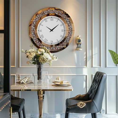 24 Inch Modern Luxury Crystal Diamond Mirrored Clock Glass Wall Bling Clock Home Decor Round Clock For Hallway, Living Room, Bedroom Tawny Tinted