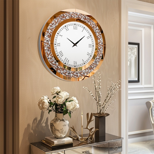 24 Inch Modern Luxury Crystal Diamond Mirrored Clock Glass Wall Bling Clock Home Decor Round Clock For Hallway, Living Room, Bedroom Tawny Tinted