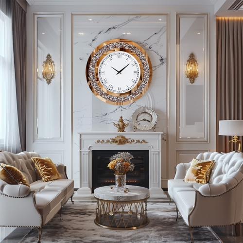 24 Inch Modern Luxury Crystal Diamond Mirrored Clock Glass Wall Bling Clock Home Decor Round Clock For Hallway, Living Room, Bedroom Tawny Tinted
