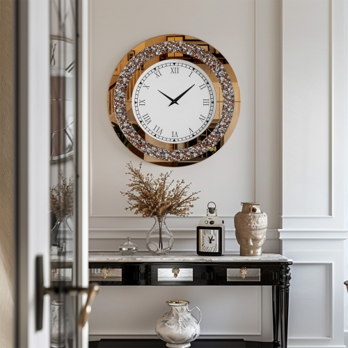 24 Inch Modern Luxury Crystal Diamond Mirrored Clock Glass Wall Bling Clock Home Decor Round Clock For Hallway, Living Room, Bedroom Tawny Tinted