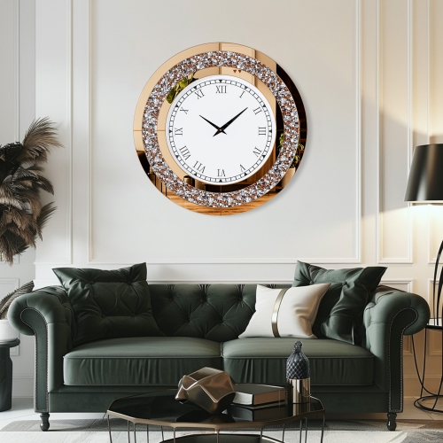 24 Inch Modern Luxury Crystal Diamond Mirrored Clock Glass Wall Bling Clock Home Decor Round Clock For Hallway, Living Room, Bedroom Tawny Tinted