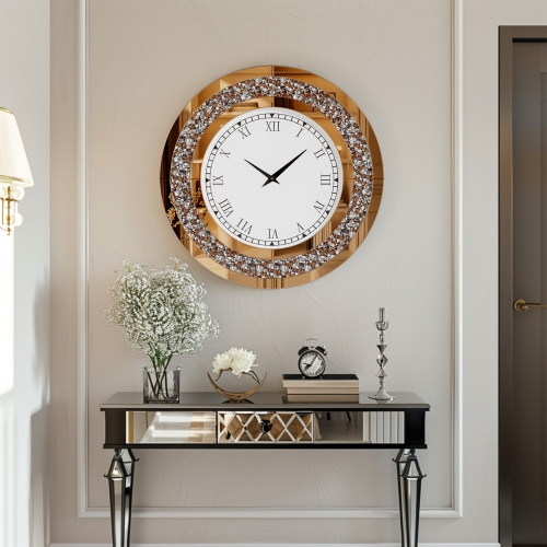 24 Inch Modern Luxury Crystal Diamond Mirrored Clock Glass Wall Bling Clock Home Decor Round Clock For Hallway, Living Room, Bedroom Tawny Tinted