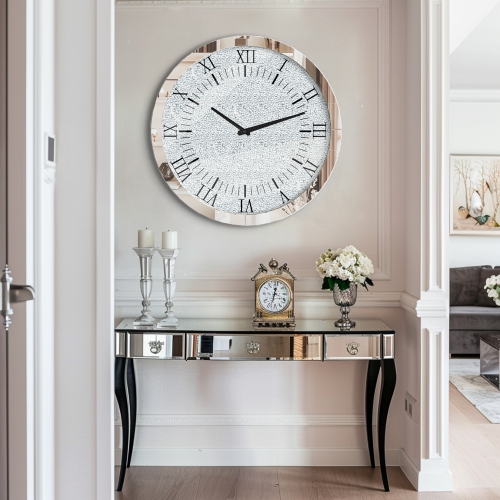 24 Inch Crushed Diamond Wall Clock: Twinkle Crystal Diamond Wall Hanging Round Clock with Silver Bevels Edging Modern Silver Wall Clock for Bedroom,