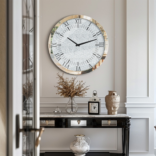 24 Inch Crushed Diamond Wall Clock: Twinkle Crystal Diamond Wall Hanging Round Clock with Silver Bevels Edging Modern Silver Wall Clock for Bedroom,