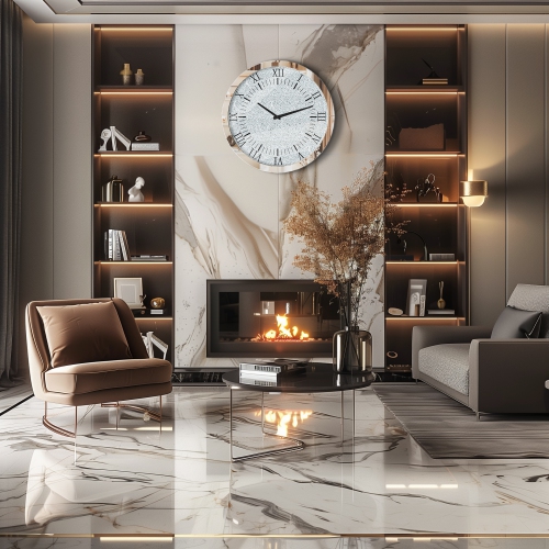 24 Inch Crushed Diamond Wall Clock: Twinkle Crystal Diamond Wall Hanging Round Clock with Silver Bevels Edging Modern Silver Wall Clock for Bedroom,