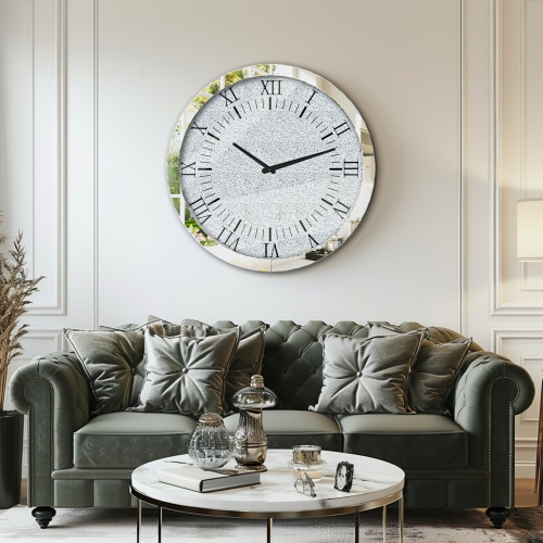 24 Inch Crushed Diamond Wall Clock: Twinkle Crystal Diamond Wall Hanging Round Clock with Silver Bevels Edging Modern Silver Wall Clock for Bedroom,