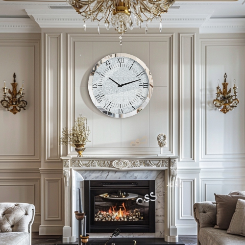 24 Inch Crushed Diamond Wall Clock: Twinkle Crystal Diamond Wall Hanging Round Clock with Silver Bevels Edging Modern Silver Wall Clock for Bedroom,