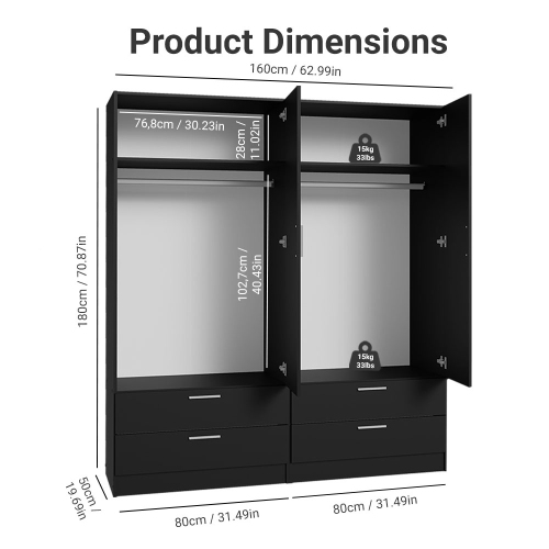 Madesa 4 Doors 4 Drawers Storage Cabinet Wardrobe with Shelves and Hanging Space 63"L Wooden Armoire Closet Organization Unit for Bedroom and Office