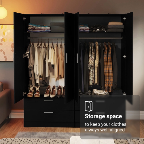 Madesa 4 Doors 4 Drawers Storage Cabinet Wardrobe with Shelves and Hanging Space 63"L Wooden Armoire Closet Organization Unit for Bedroom and Office
