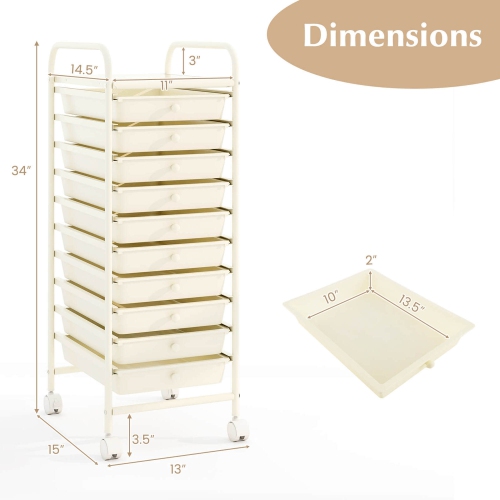 Costway 10 Drawer Rolling Storage Cart Scrapbook Paper Office School Organizer