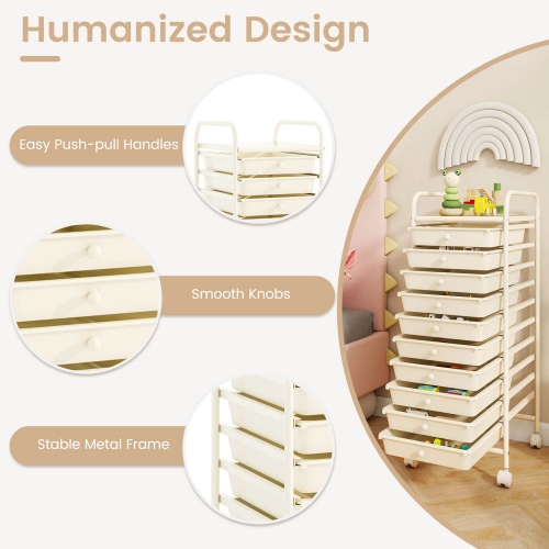 Costway 10 Drawer Rolling Storage Cart Scrapbook Paper Office School Organizer