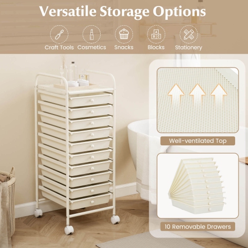 Costway 10 Drawer Rolling Storage Cart Scrapbook Paper Office School Organizer