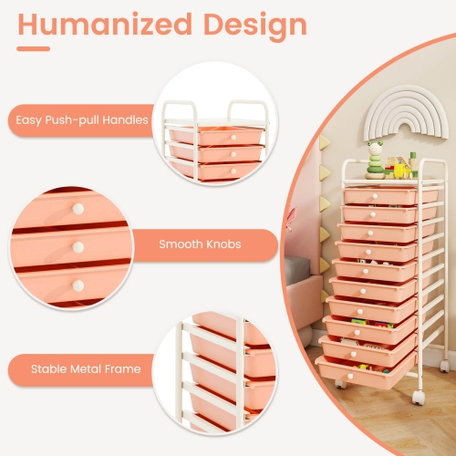 Costway 10 Drawer Rolling Storage Cart Scrapbook Paper Office School Organizer