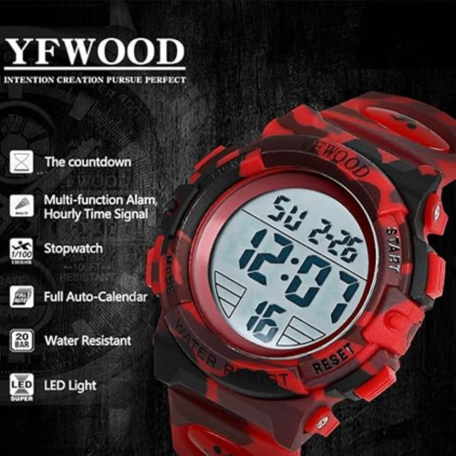 YFWOOD Kids Digital Watch Waterproof Outdoor Watches Children Casual Electronic Analog Quartz Wrist Watches with Silicone Band Luminous Alarm
