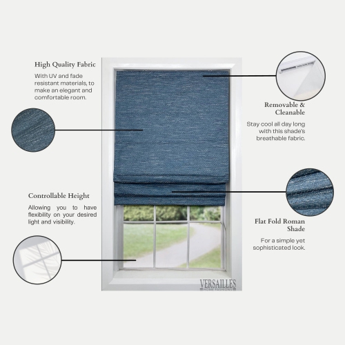 Versailles – Abat-jour romain sans cordon, collection César, tissu assombrissant, 48 x 72&nbsp;po, bleu