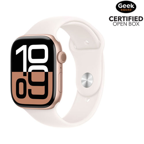 Boîte ouverte - Apple Watch Series 10 avec boîtier de 46 mm en aluminium or rose et bracelet sport rose tendre - Moyen/Grand