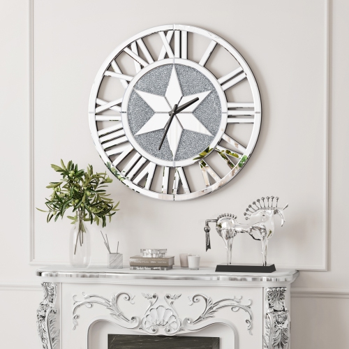 Wall Crushed Diamond Clock: 24 Inch Silver Glass Mirrors Round Roman Numerals Clocks Sparkle Twinkle Crushed Crystal Diamond Wall Clock for Home
