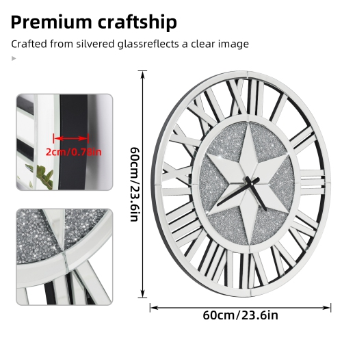 Wall Crushed Diamond Clock: 24 Inch Silver Glass Mirrors Round Roman Numerals Clocks Sparkle Twinkle Crushed Crystal Diamond Wall Clock for Home
