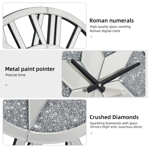 Wall Crushed Diamond Clock: 24 Inch Silver Glass Mirrors Round Roman Numerals Clocks Sparkle Twinkle Crushed Crystal Diamond Wall Clock for Home