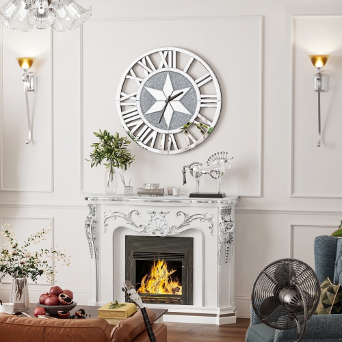 Wall Crushed Diamond Clock: 24 Inch Silver Glass Mirrors Round Roman Numerals Clocks Sparkle Twinkle Crushed Crystal Diamond Wall Clock for Home