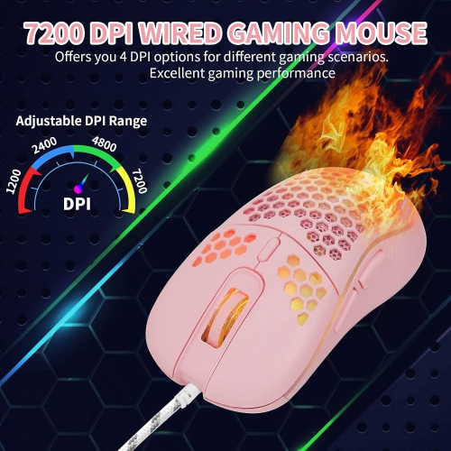 RisoPhy Honeycomb Wired Gaming Mouse, RGB Backlight and 7200 Adjustable DPI, Ergonomic and Lightweight USB Computer Mouse with High Precision Sensor