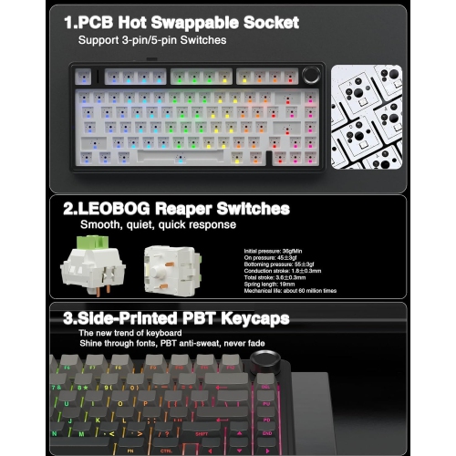 RisoPhy Wireless Mechanical Gaming Keyboard,75% Gasket Hot Swappable Custom Keyboard, RGB Backlit,Pre-lubed Reaper Switches, Side Printed PBT