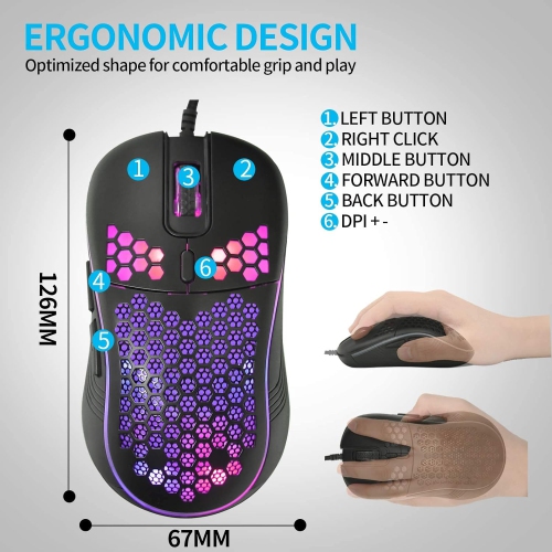 RisoPhy Wired Gaming Mouse, RGB Backlight and 7200 Adjustable DPI, Ergonomic and Lightweight USB Computer Mouse with High Precision Sensor for