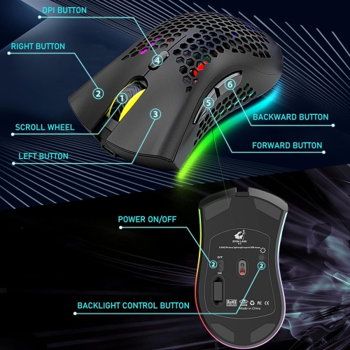 RisoPhy Wireless Lightweight Gaming Mouse Honeycomb with 7 Button Multi RGB Backlit Perforated Ergonomic Shell Optical Sensor Adjustable DPI