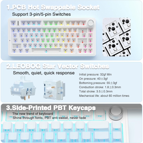 RisoPhy Wireless Mechanical Keyboard,75% Gasket Hot Swappable Custom Keyboard, RGB Backlit, Pre-lubed Linear Switches, Side Printed PBT Keycaps -