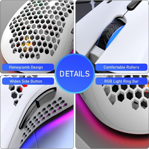 RisoPhy Wireless Lightweight Gaming Mouse Honeycomb with 7 Button Multi RGB Backlit Perforated Ergonomic Shell Optical Sensor Adjustable DPI