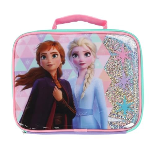 Frozen 2 Elsa and Anna, Soft Insulated Lunch Bag for Kids Girls, Reusable Lunch Box, Sparkle, Blue