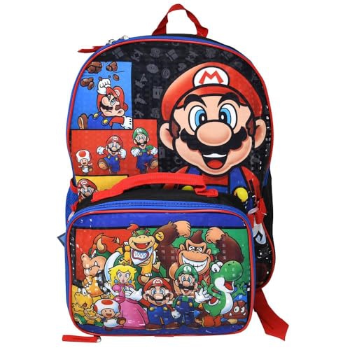 Bioworld Super Mario Black 16" Backpack with Lunch Bag Set, Black, Large, Backpack