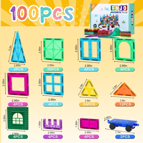Magnetic Tiles, 100PCS Building Blocks, Magnets Building Set, STEM Toys Christmas Toy Gift for Kids Boys and Girls