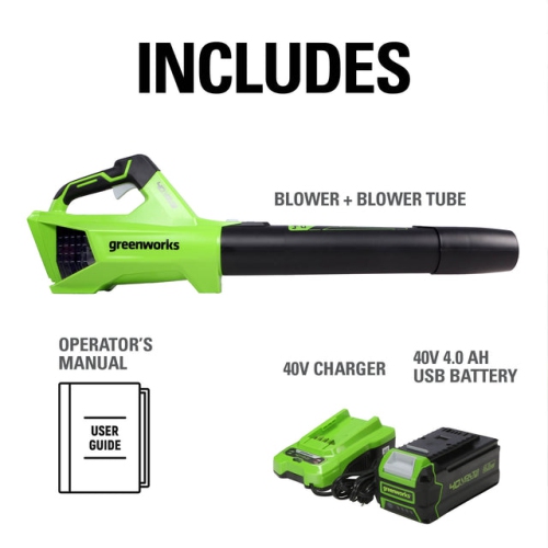 Greenworks 40V 120 MPH-450 CFM Brushless Leaf Blower, 4.0Ah Battery and Charger Included