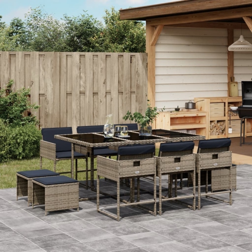 vidaXL 11 Piece Garden Dining Set with Cushions Grey Poly Rattan