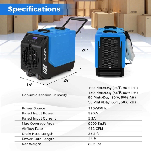 Costway 190 PPD Commercial Dehumidifier Rotational Molded Industrial Dehumidifier with Pump