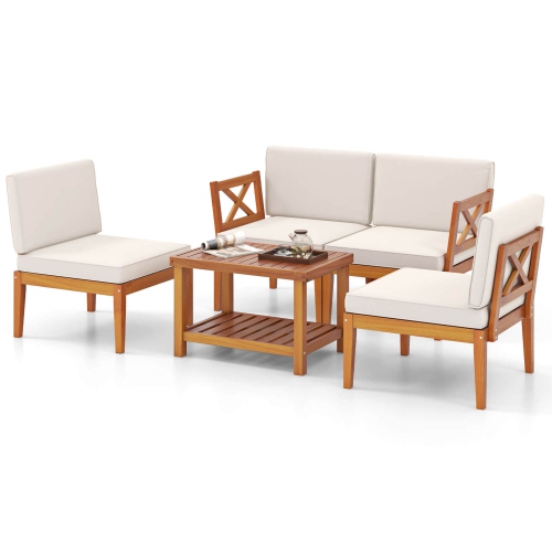 Costway 5 PCS Acacia Wood Patio Furniture Set with Cushions and 2-Tier Coffee Table