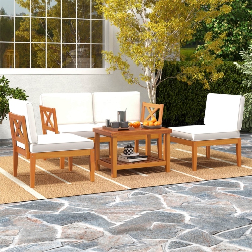 Costway 5 PCS Acacia Wood Patio Furniture Set with Cushions and 2-Tier Coffee Table