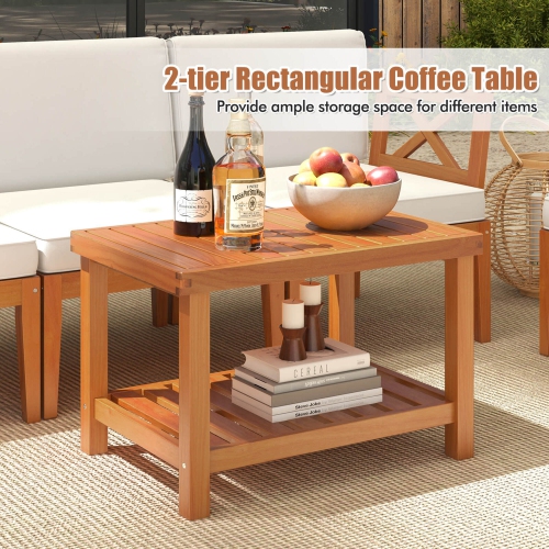 Costway 5 PCS Acacia Wood Patio Furniture Set with Cushions and 2-Tier Coffee Table