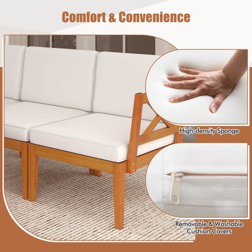 Costway 5 PCS Acacia Wood Patio Furniture Set with Cushions and 2-Tier Coffee Table