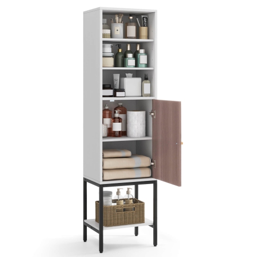 COSTWAY  57" Bathroom Tall Cabinet With 1 Door And 4 Shelves Freestanding Floor Cabinet
