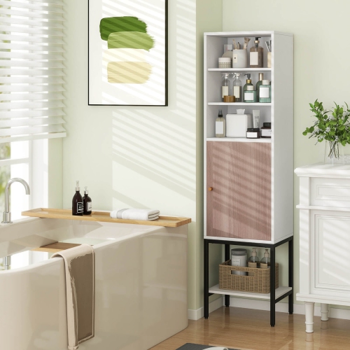 Costway 57" Bathroom Tall Cabinet with 1 Door and 4 Shelves Freestanding Floor Cabinet